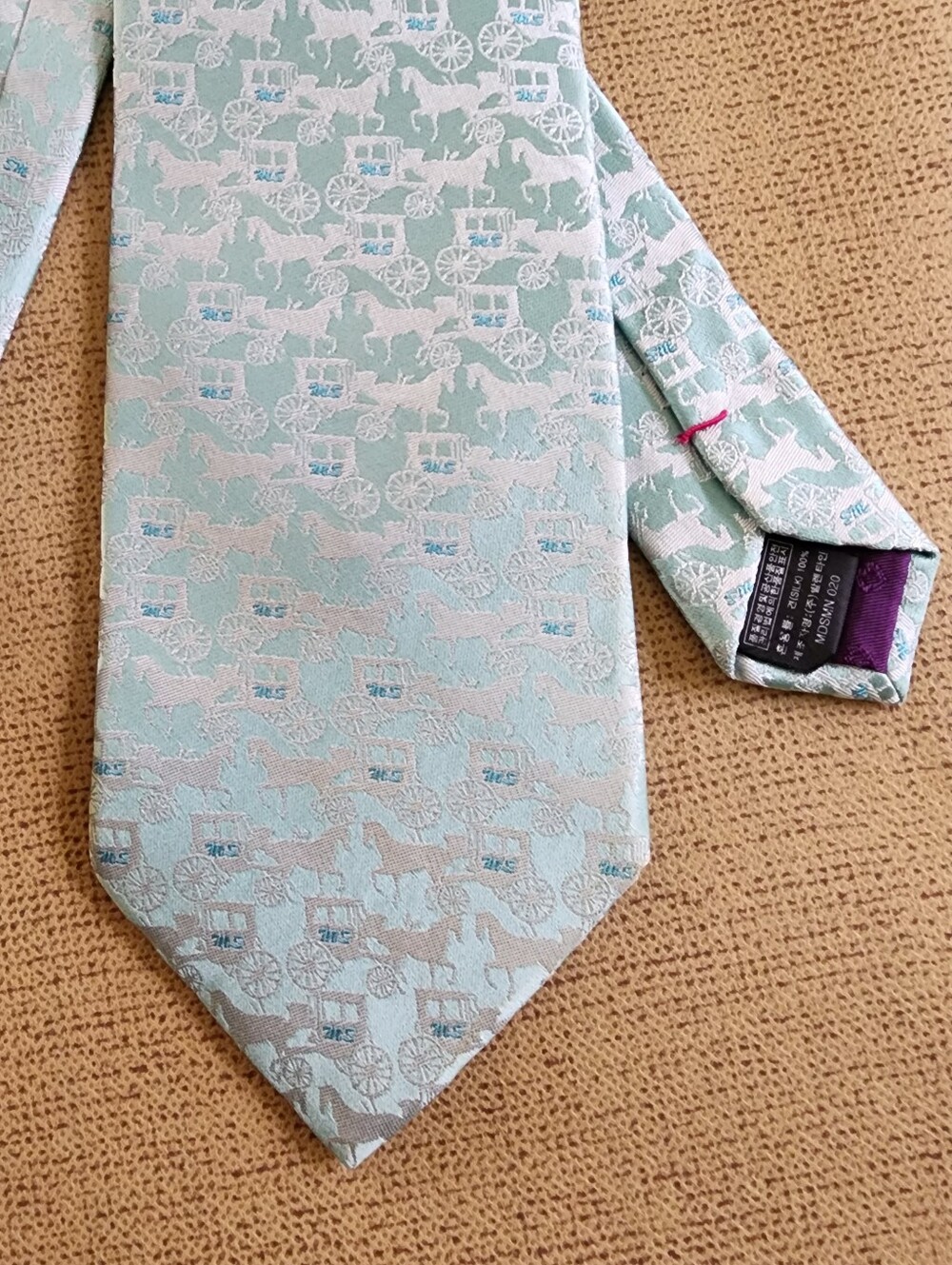 Designer Logo Necktie Light Aqua Horse & Carriage Rare Vtg Men Tie Mila Schon